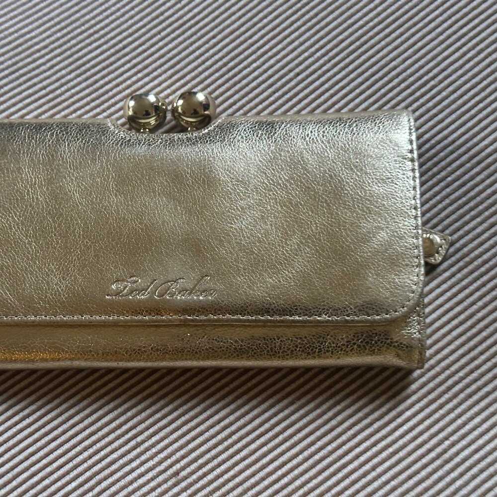 Ted Baker Gold Metallic Wallet Clutch w Bobbles Turnlock  7-½” x 4”